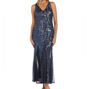 NWT Nightway by R&M Richards Gunmetal Sequined Mesh Gown
